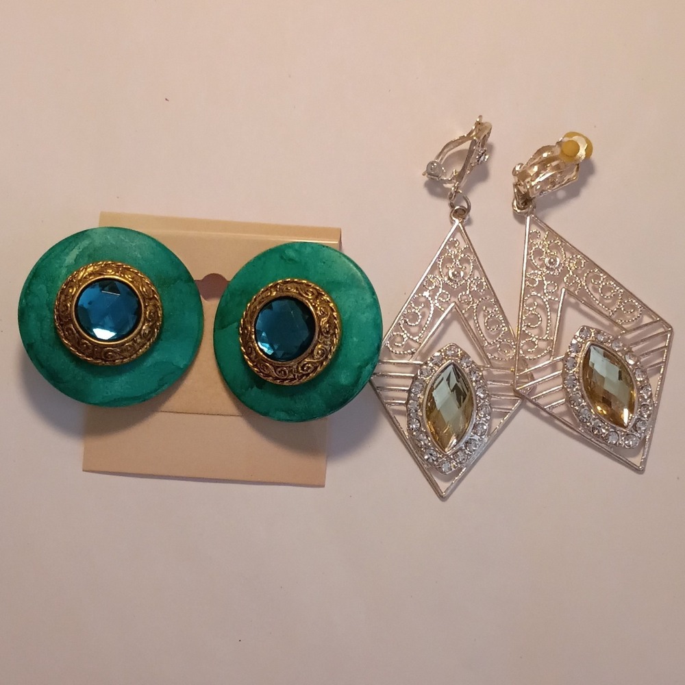 Clip-On Stud & Dangle Earrings, Blue, Yellow, Green, Silver, Oval, Diamond